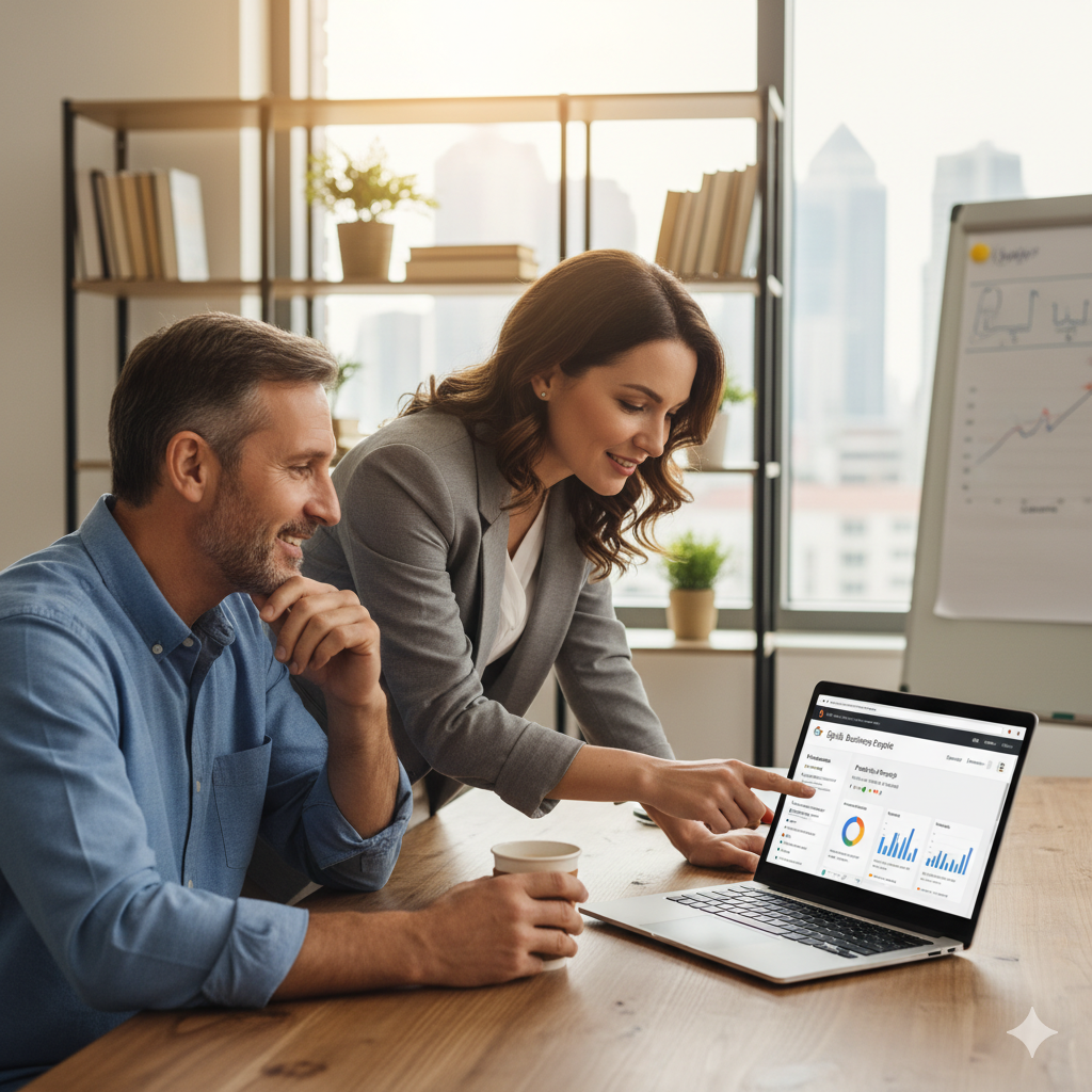 Business professionals reviewing Google Business Profile dashboard and analytics